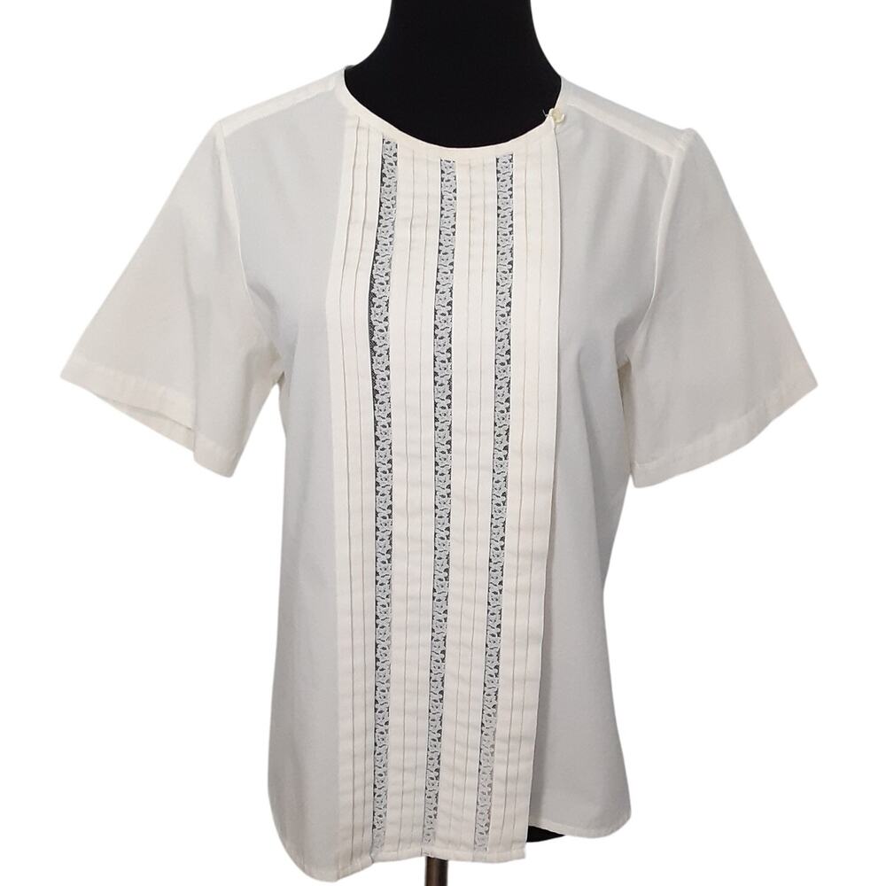 Vintage 80s Sheer Lace Button Up Shirt Tuxedo Pleated Cream Short Sleeve Retro